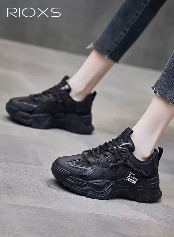 ريوكس حذاء رياضي نسائي سميك، حذاء بشبكة قابلة للتنفس ونعل سميك، حذاء رياضي خفيف الوزن ومضاد للانزلاق مع رباط، حذاء رياضي مريح للركض والمشي، ملابس شبابية وملابس يومية، أسود - Image 1